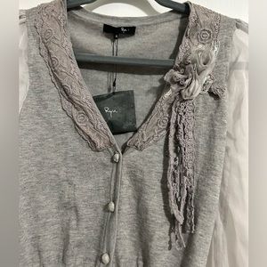 Ryu Grey Lace-Trim Cardigan with Floral Accent